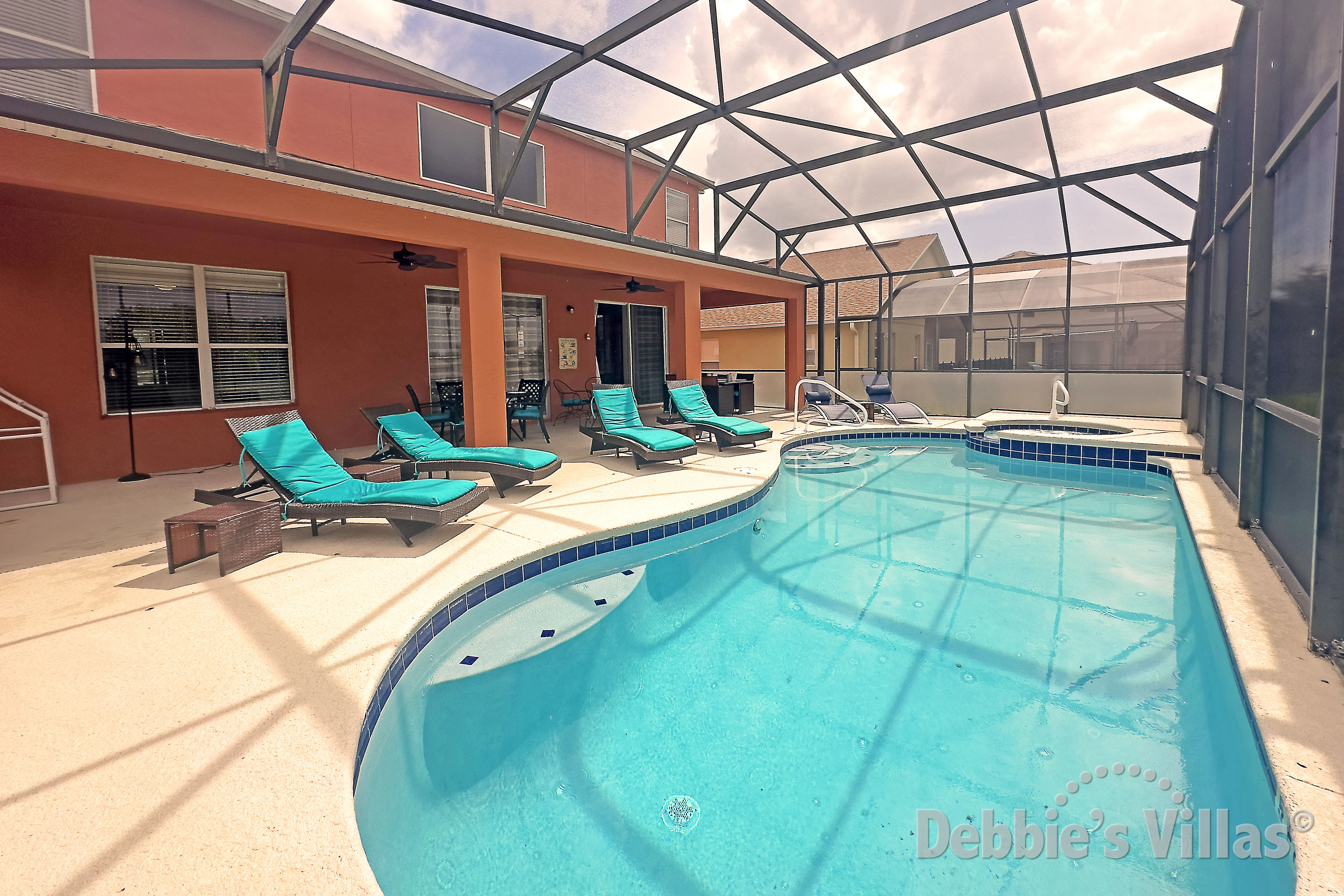 Northwest-facing private pool deck on Emerald Island in Kissimmee
