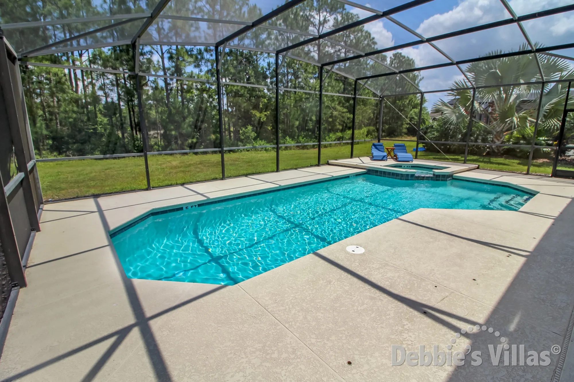 Stunning view across the private pool and spa on Watersong