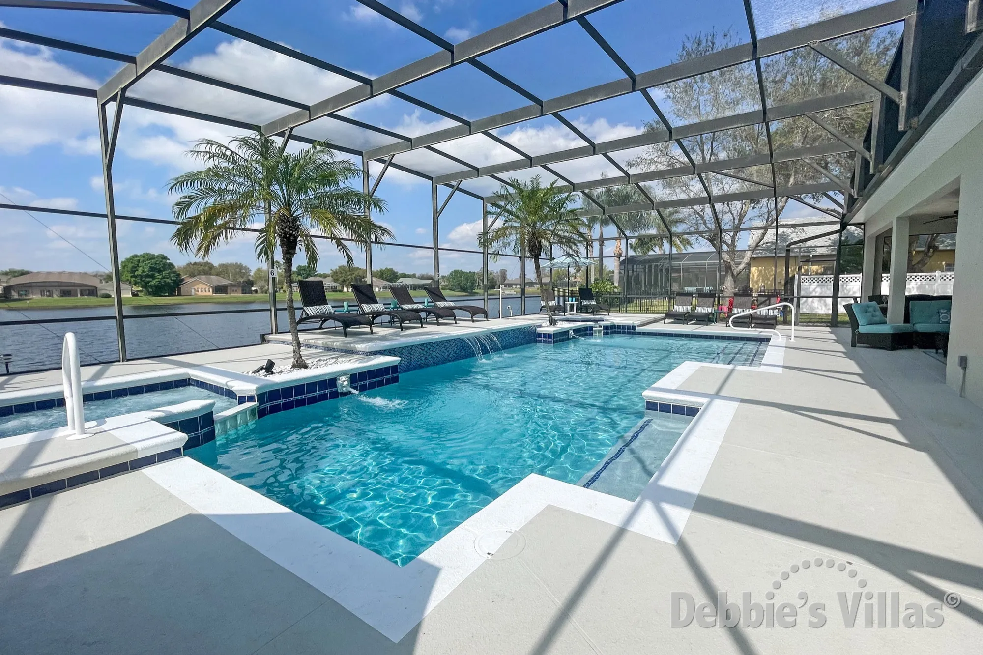 West-facing private pool and spa with a lake view