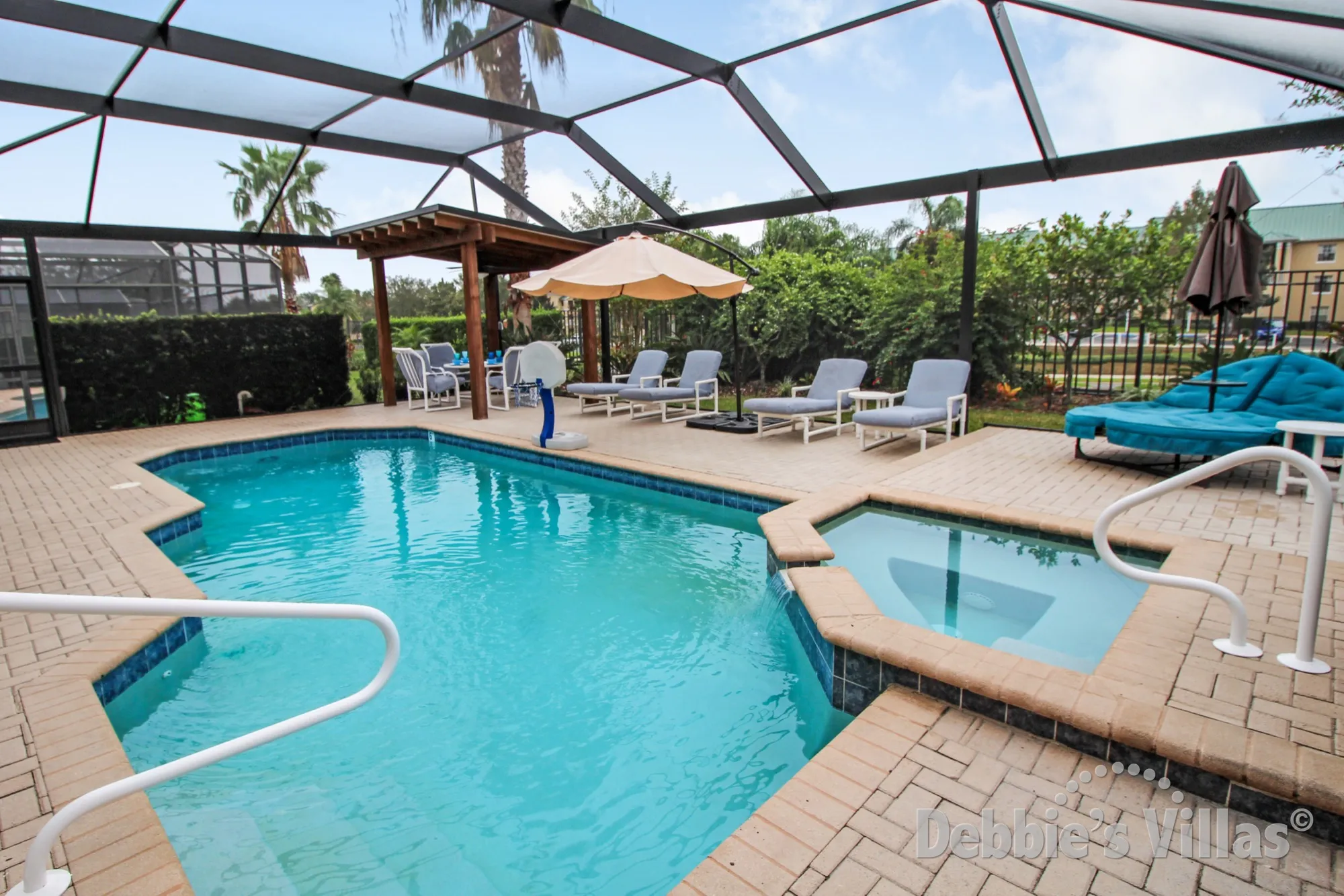 Stunning extended south-facing pool and spa deck at this Windsor Hills vacation villa