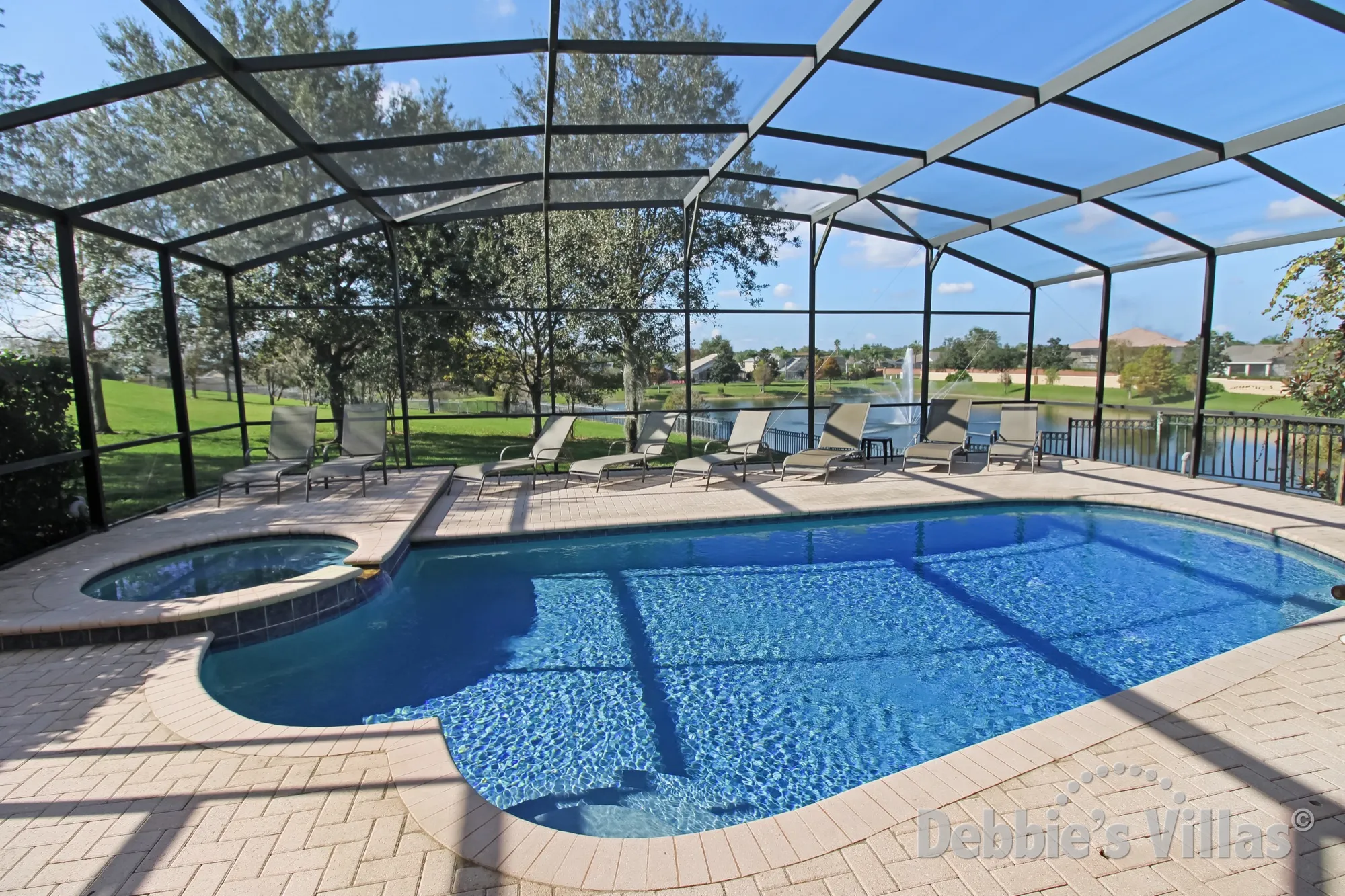 Windsor Hills villa in Kissimmee with a lake view from the west-facing private pool and spa