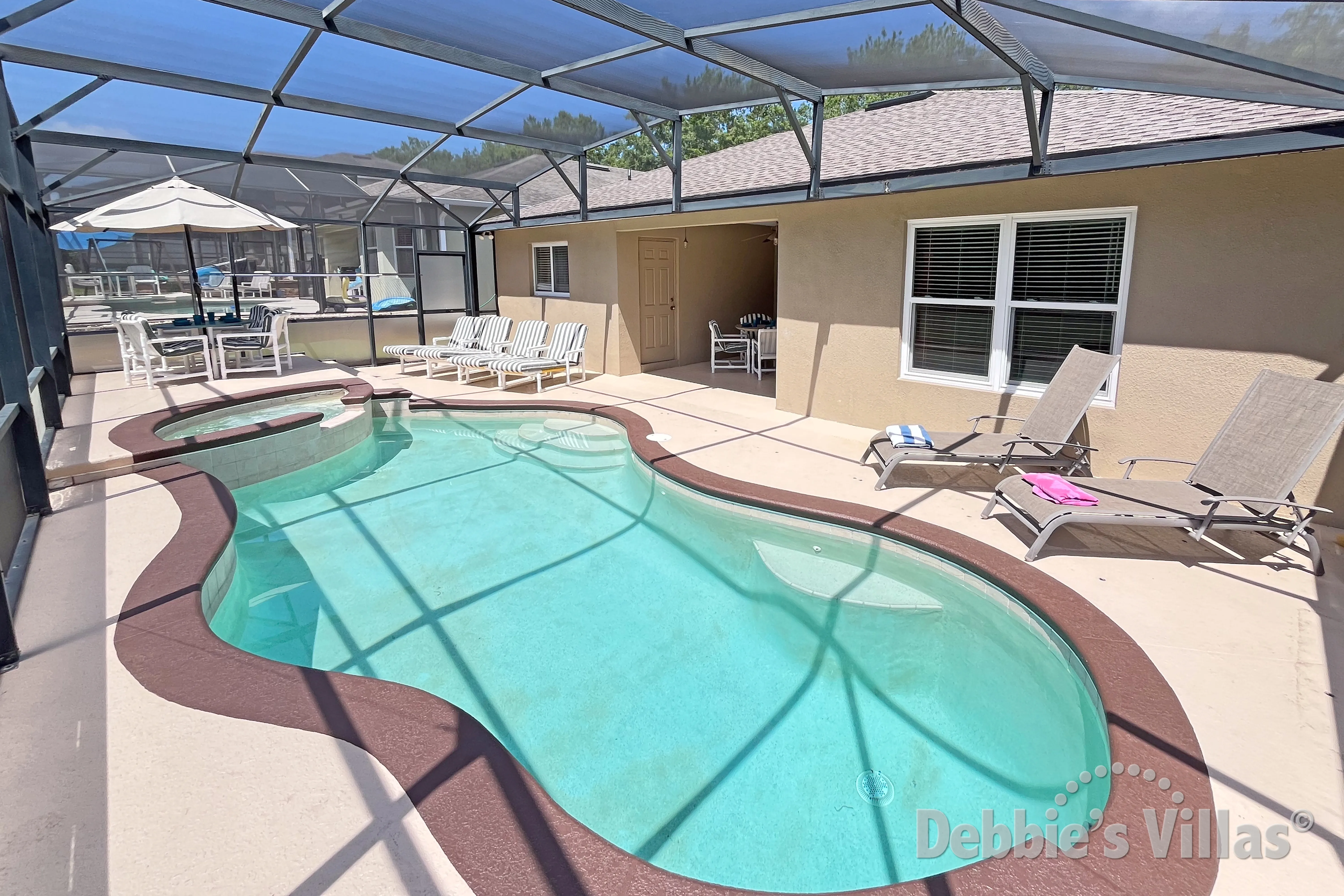 The south-facing private pool and spa is perfect for recharging your batteries 