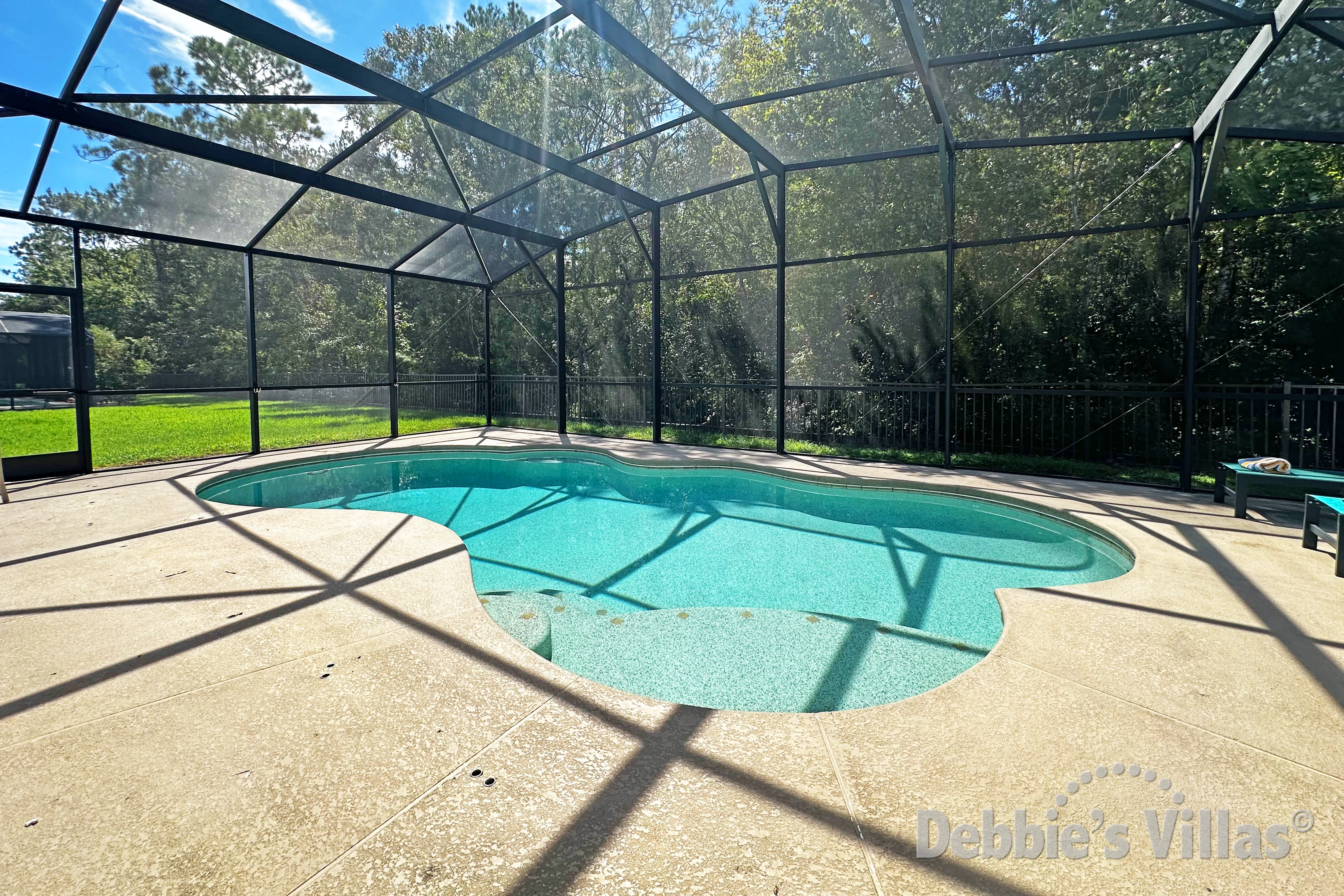 South-facing pool with conservation views at this vacation villa on Crystal Cove in Kissimmee