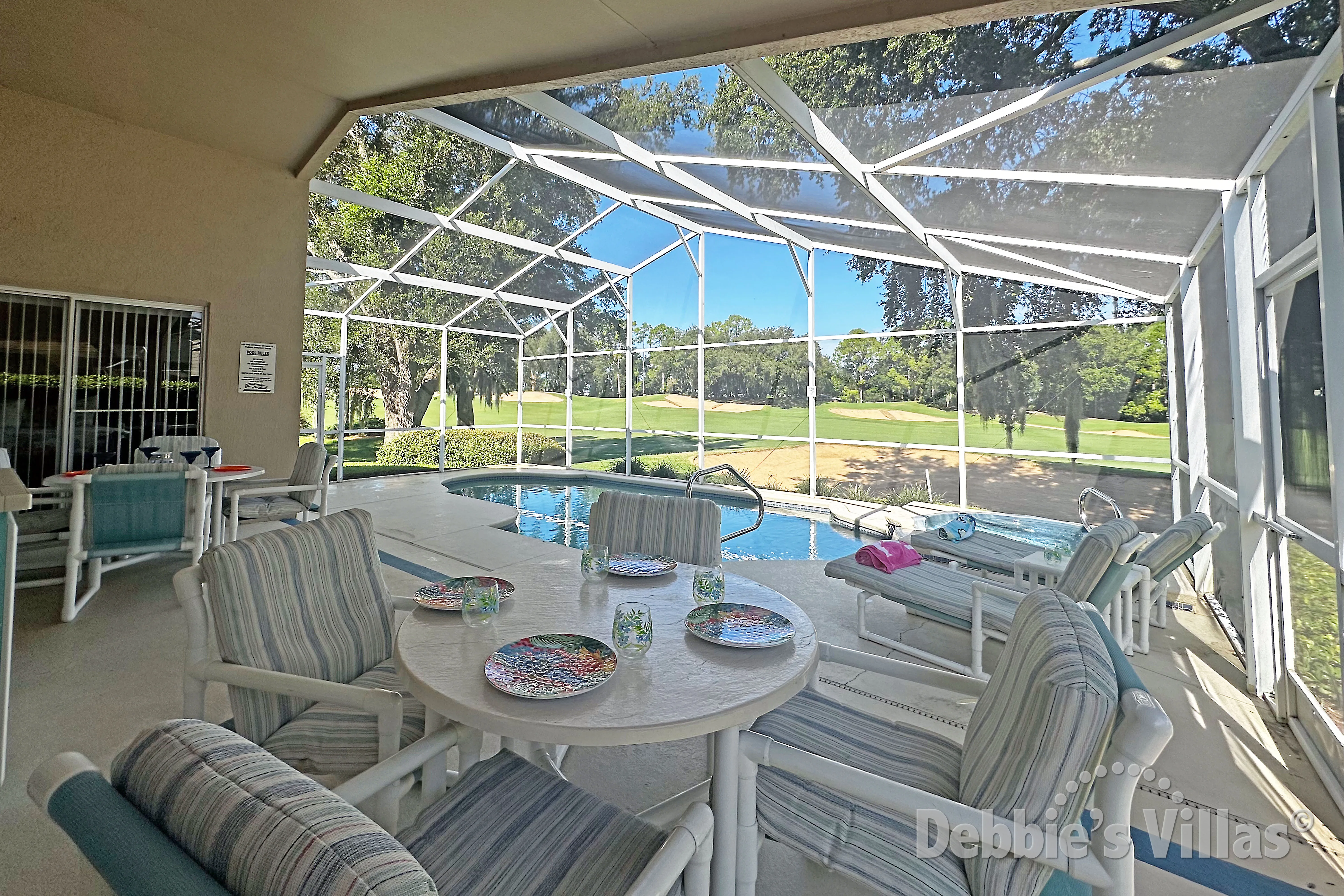 Plenty of seating on the northwest-facing pool deck in Haines City