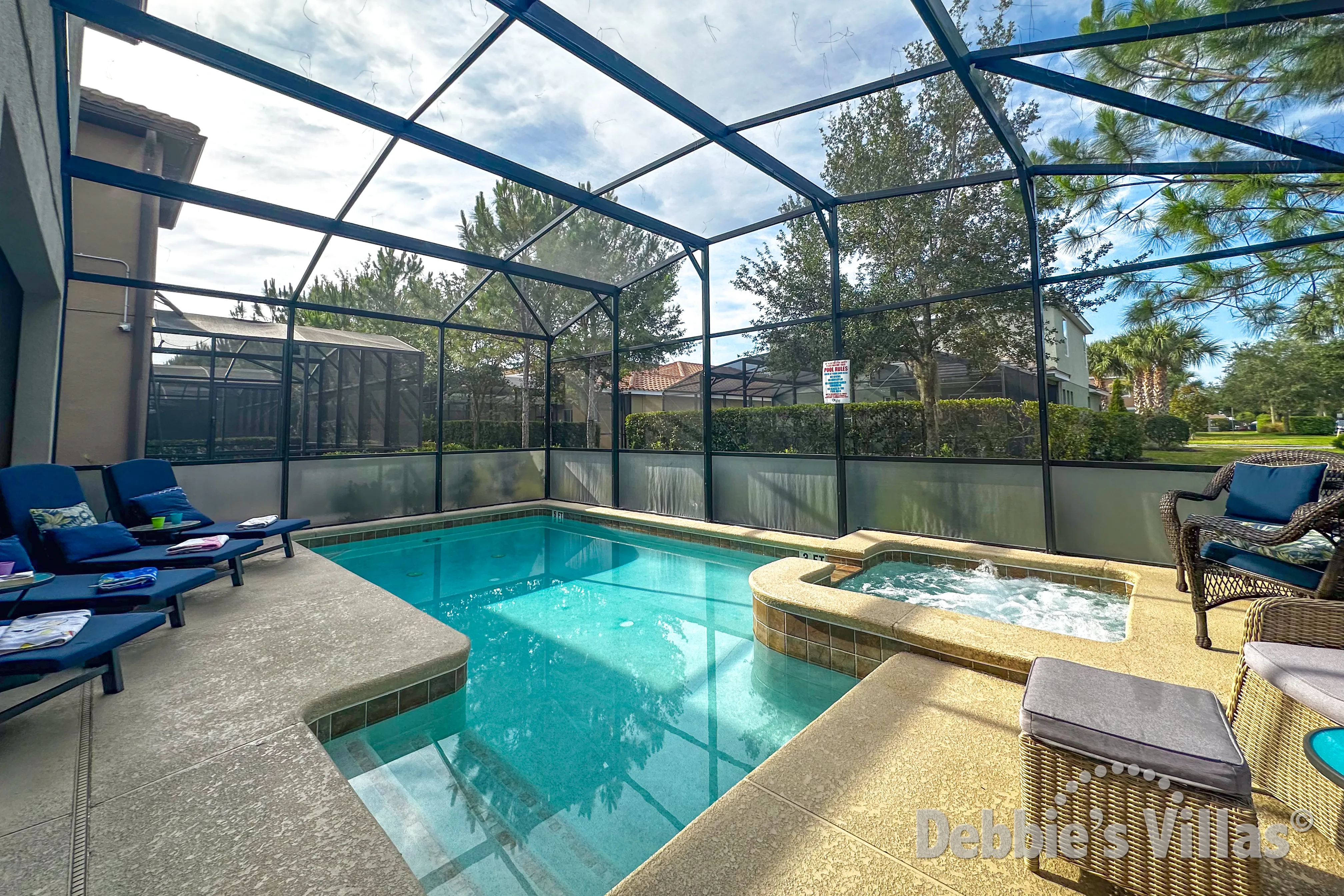South-facing pool and spa at this vacation villa on Solterra in Davenport