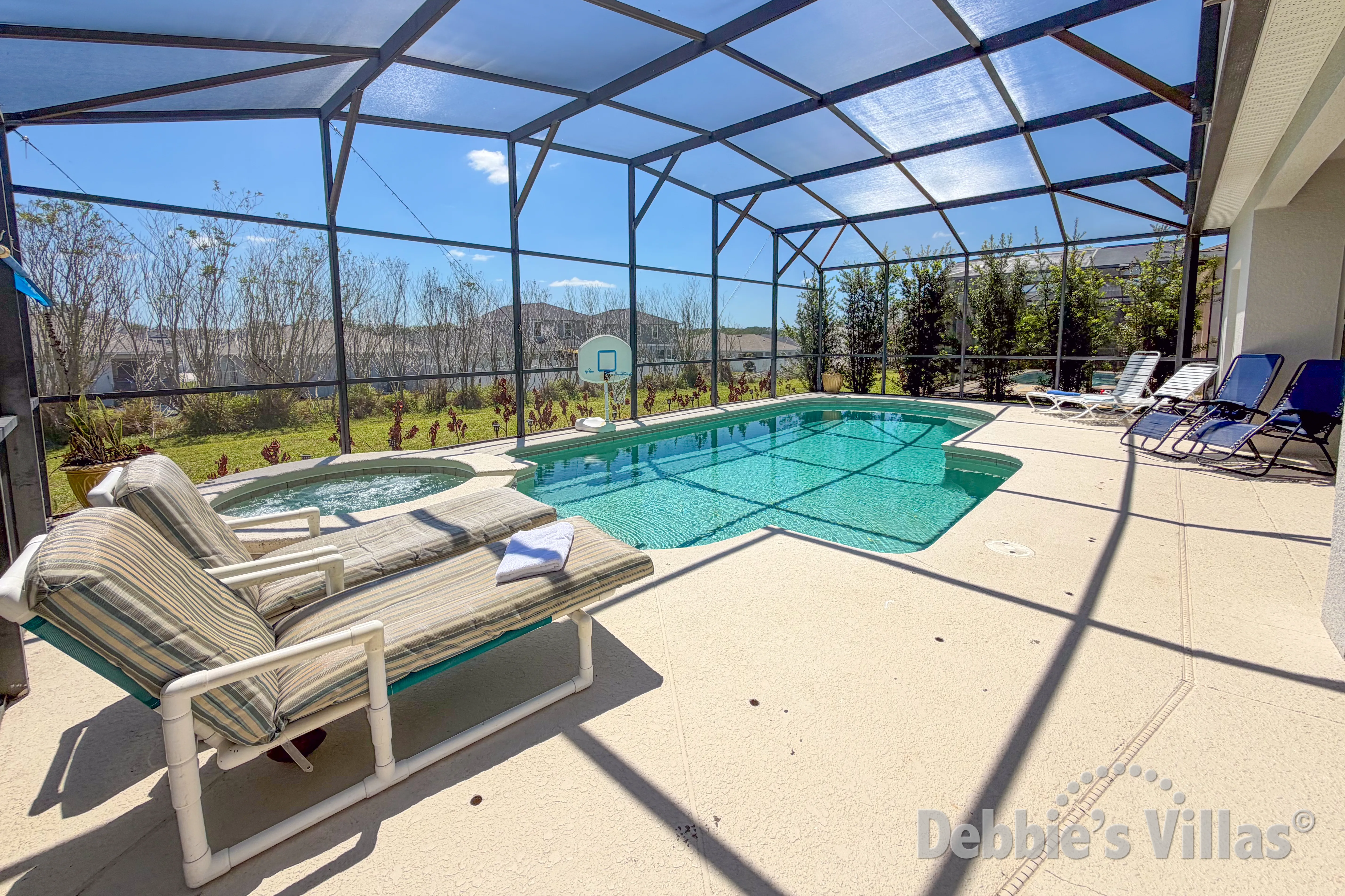 South-facing pool and spa at this vacation villa on Highgate Park at Legacy Park in Davenport 