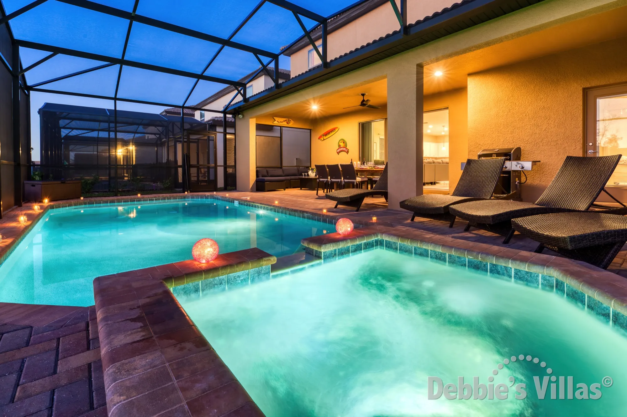 West-facing private pool and spa at this vacation villa in Kissimmee