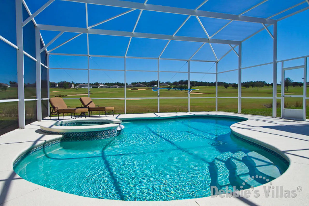Stunning golf course views across the pool deck on Highlands Reserve