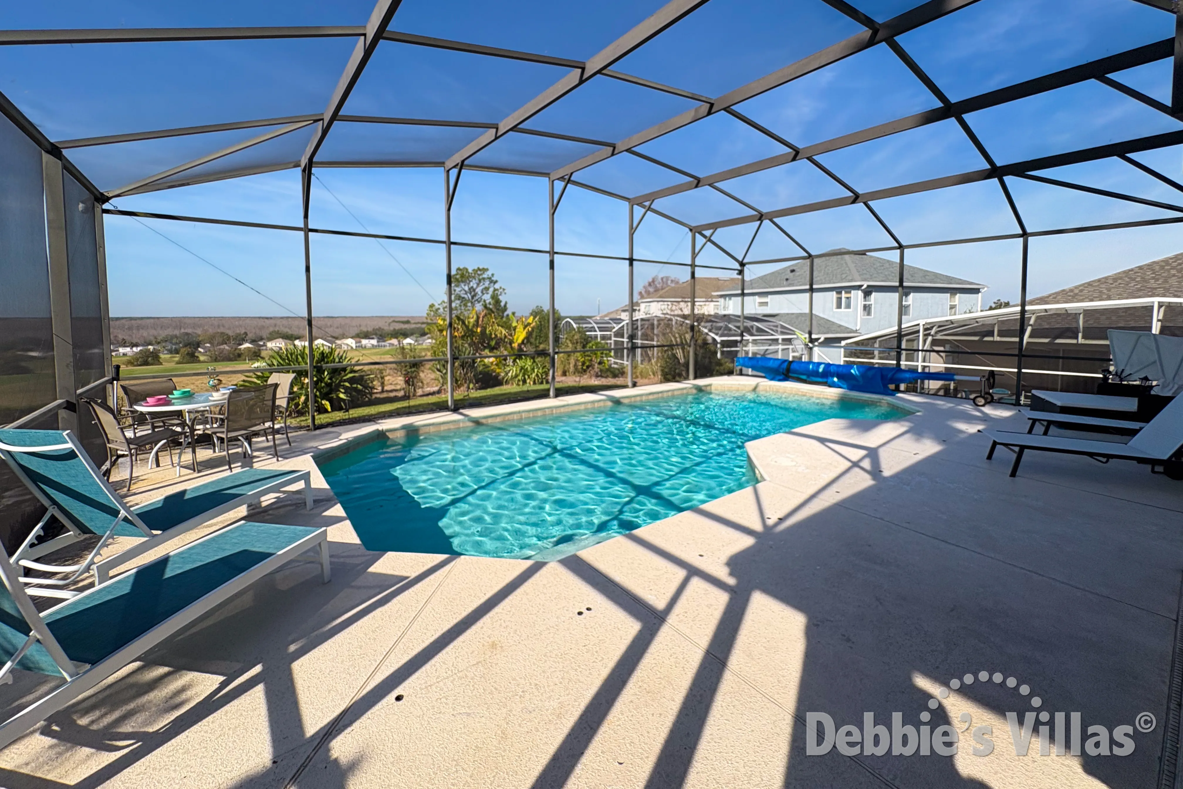 West-facing pool at this vacation villa on Highlands Reserve in Davenport 