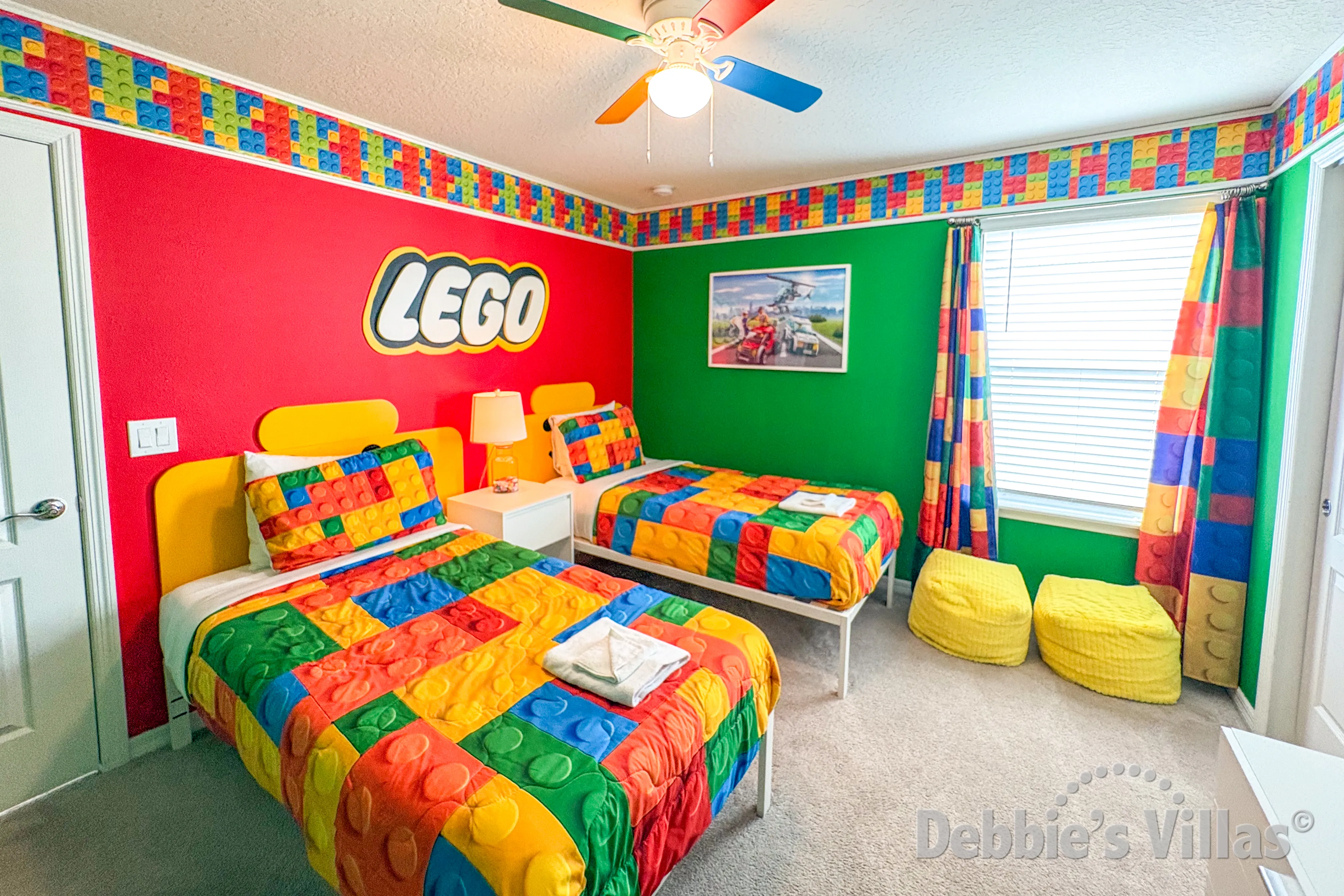 Bedroom 6 has a Lego-theme and Twin beds 