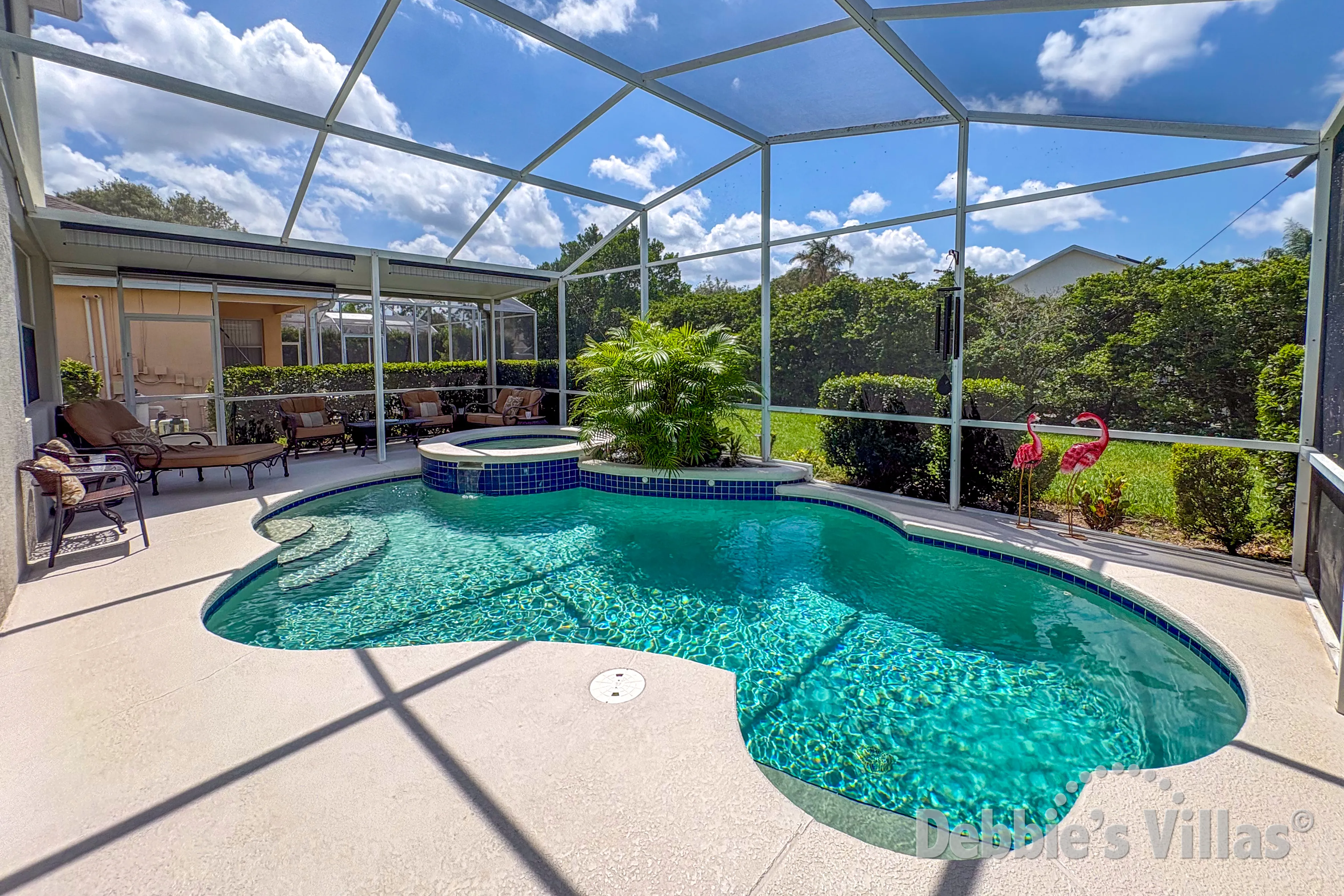 South-facing pool and spa at this vacation villa on Highlands Reserve in Davenport 