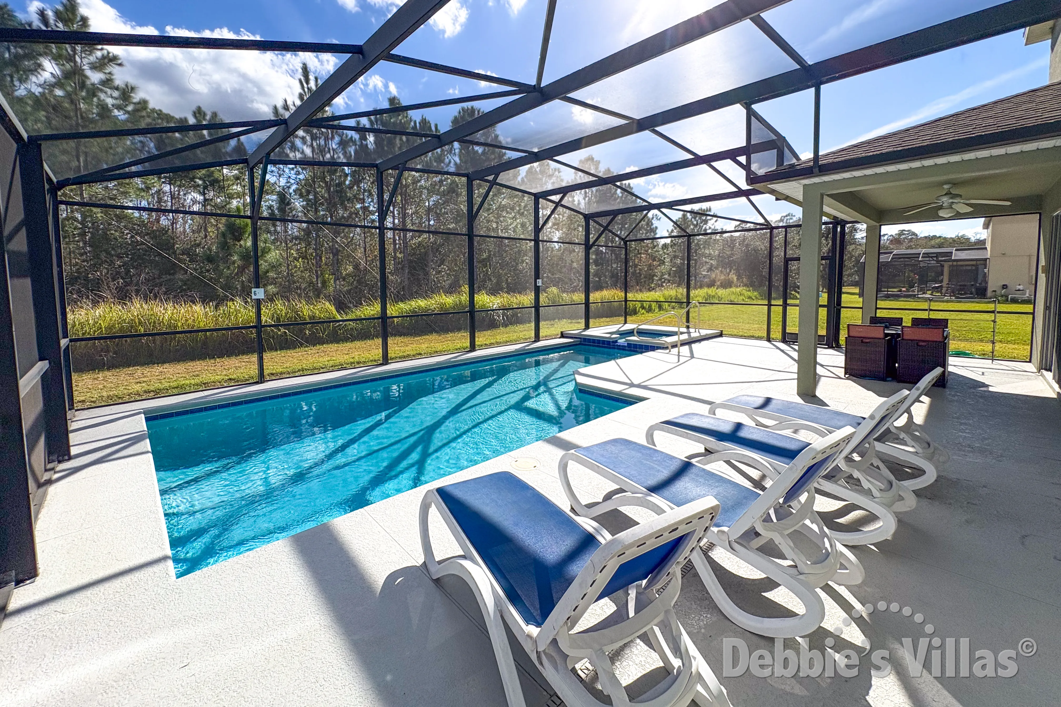 Southeast-facing pool and spa at this vacation villa on Trafalgar Village in Kissimmee 