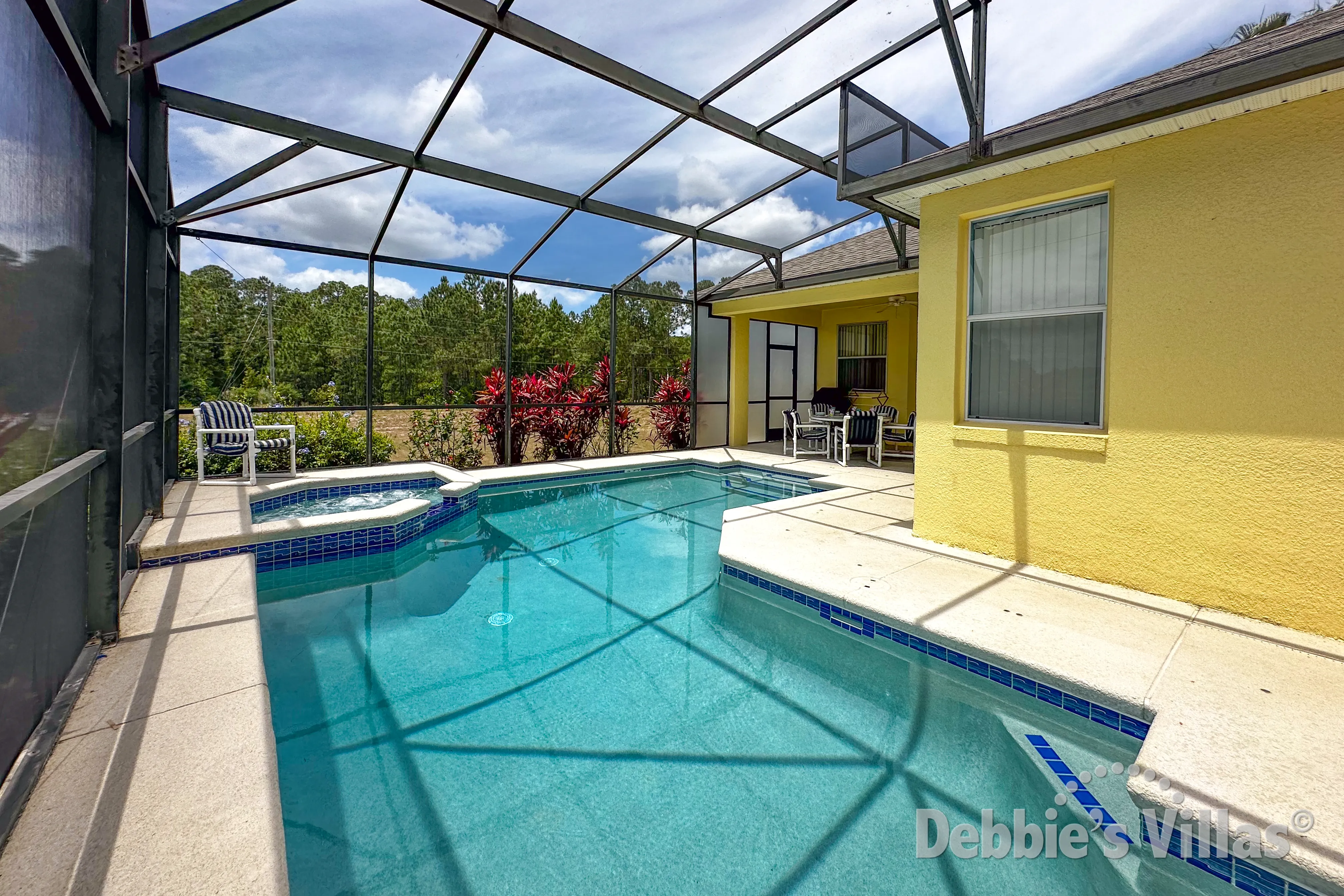 South-facing pool and spa at this vacation villa on Calabay Parc in Davenport