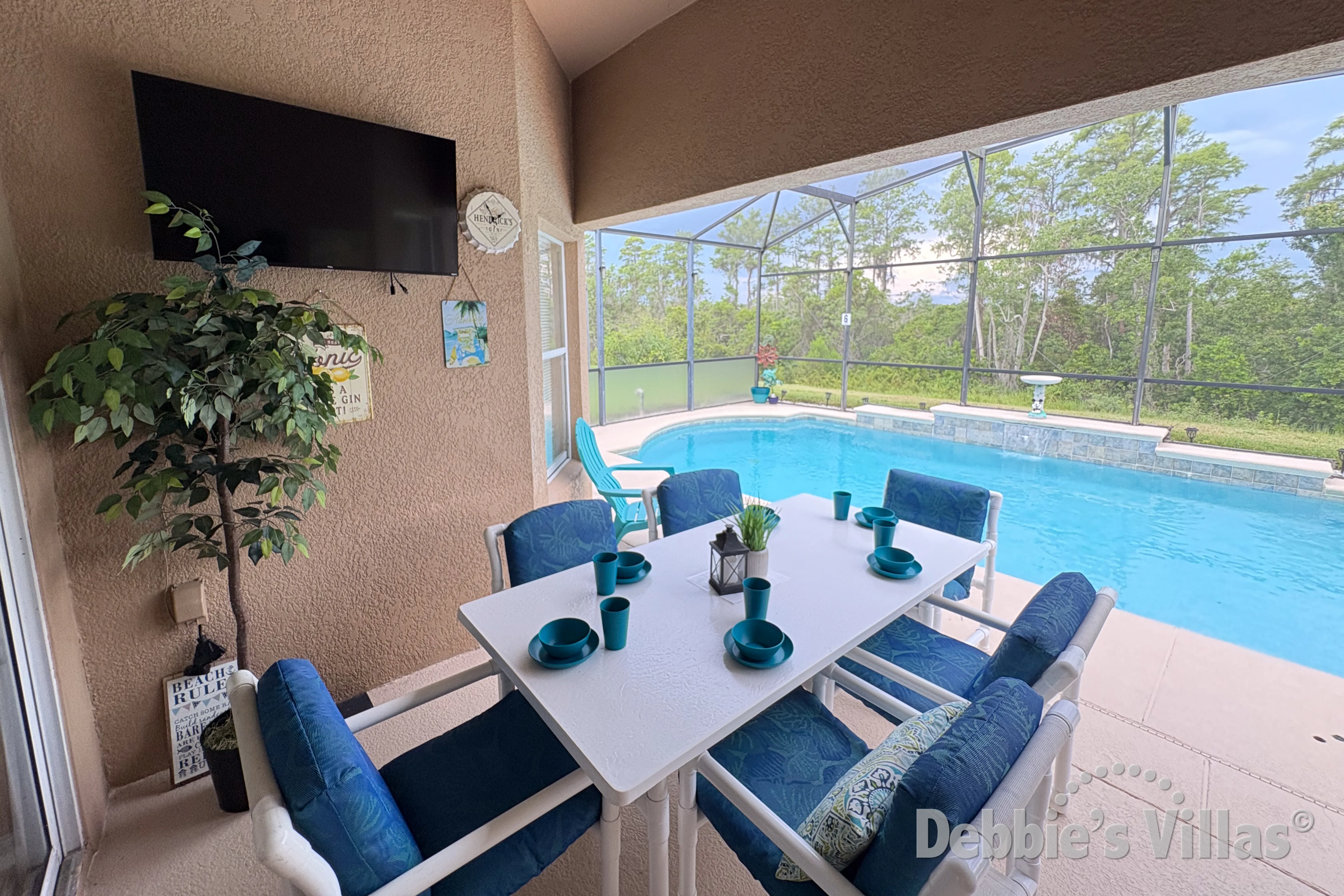 Covered dining table and poolside TV at the west-facing pool 