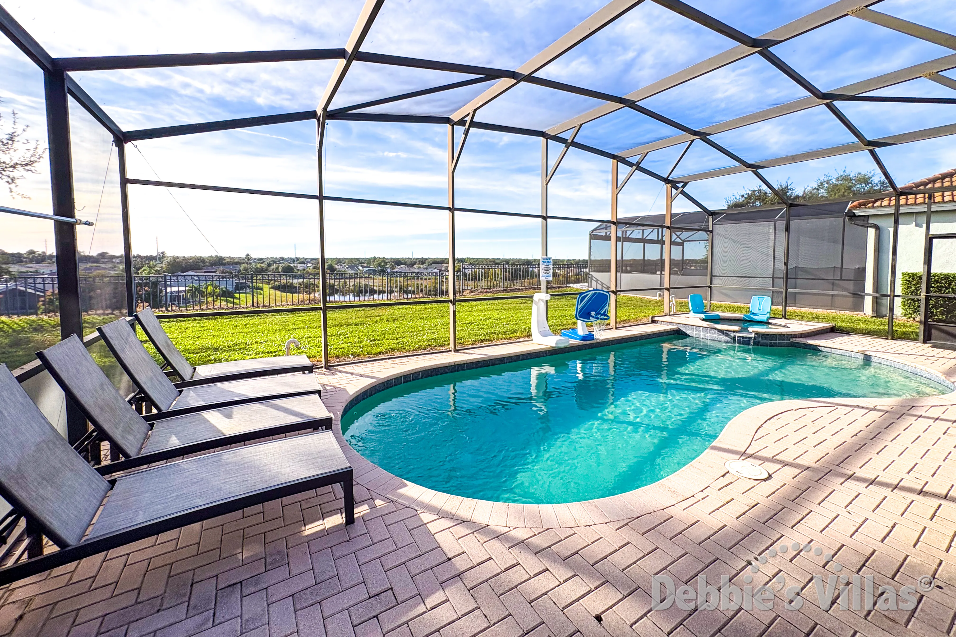 West-facing pool and spa at this vacation villa on Windsor Hills in Kissimmee 