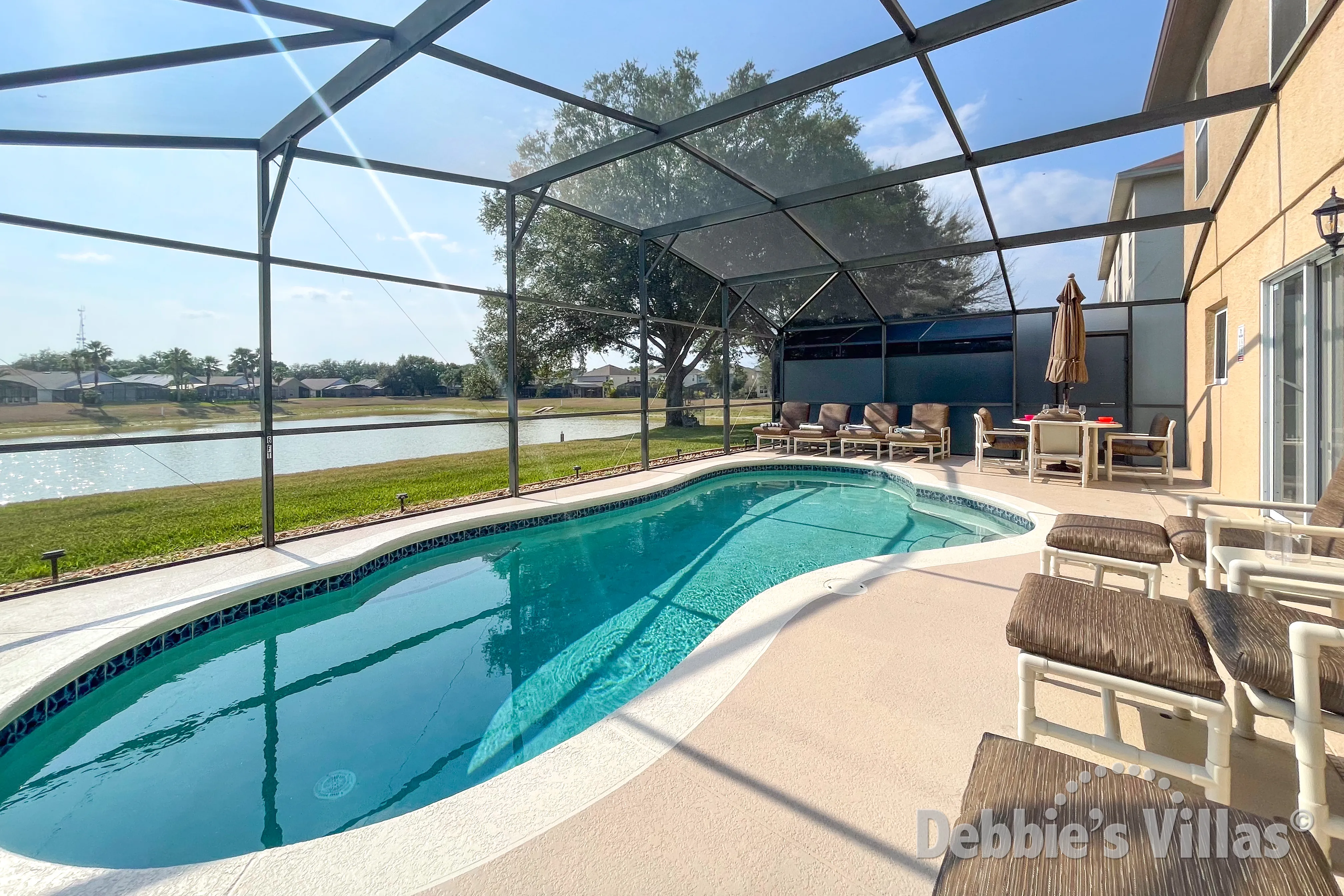 West-facing pool at this vacation villa on Sunrise Lakes in Clermont