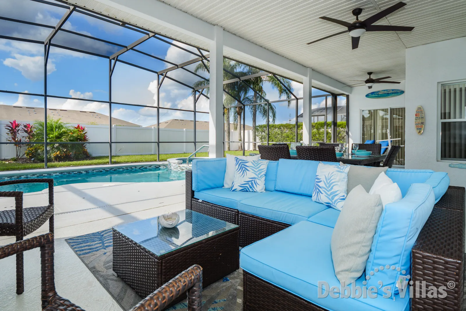 Plenty of seating options on the pool deck of this West Haven villa
