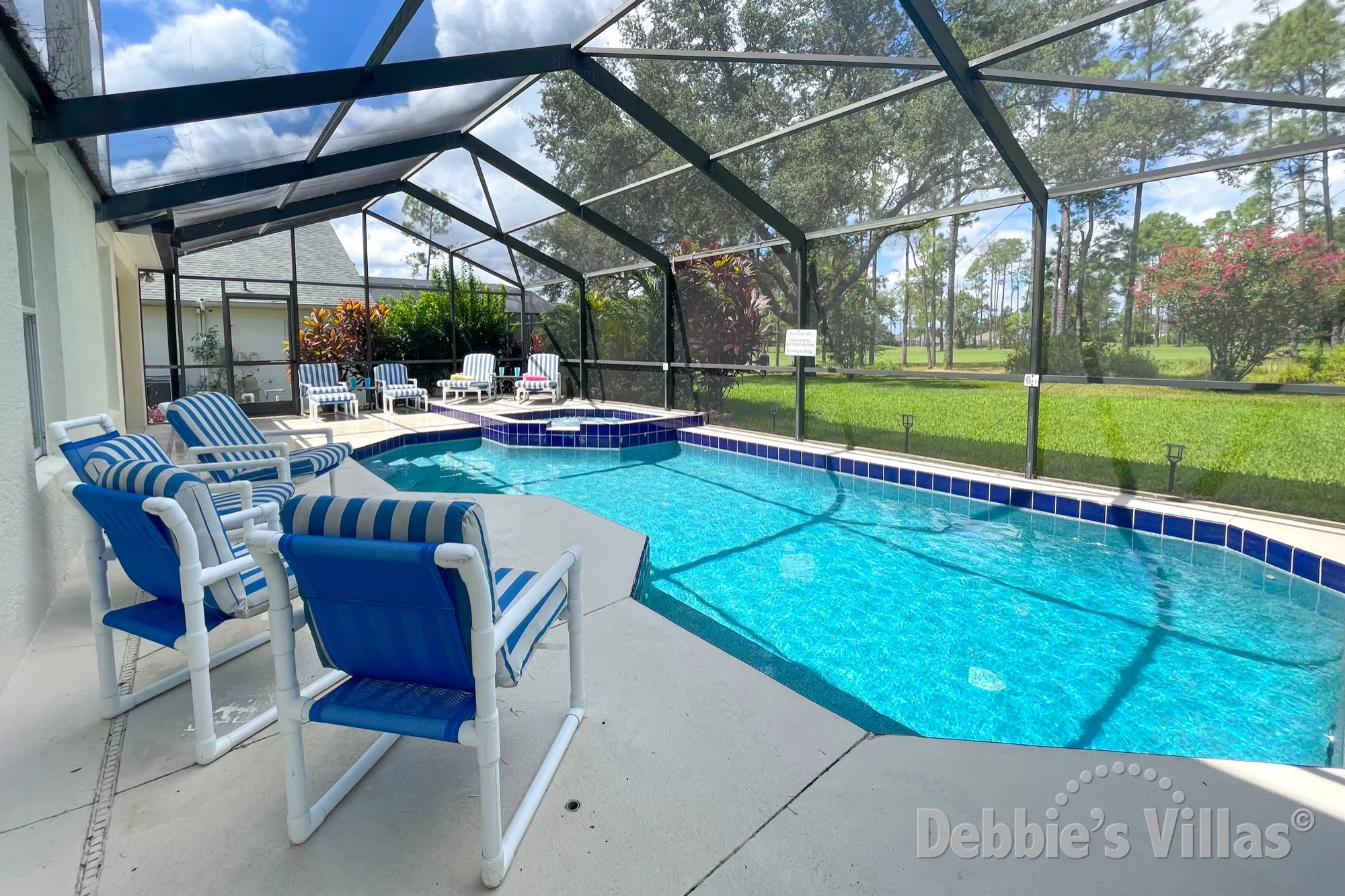 Stunning golf course views from the west-facing pool deck at this Highlands Reserve vacation villa