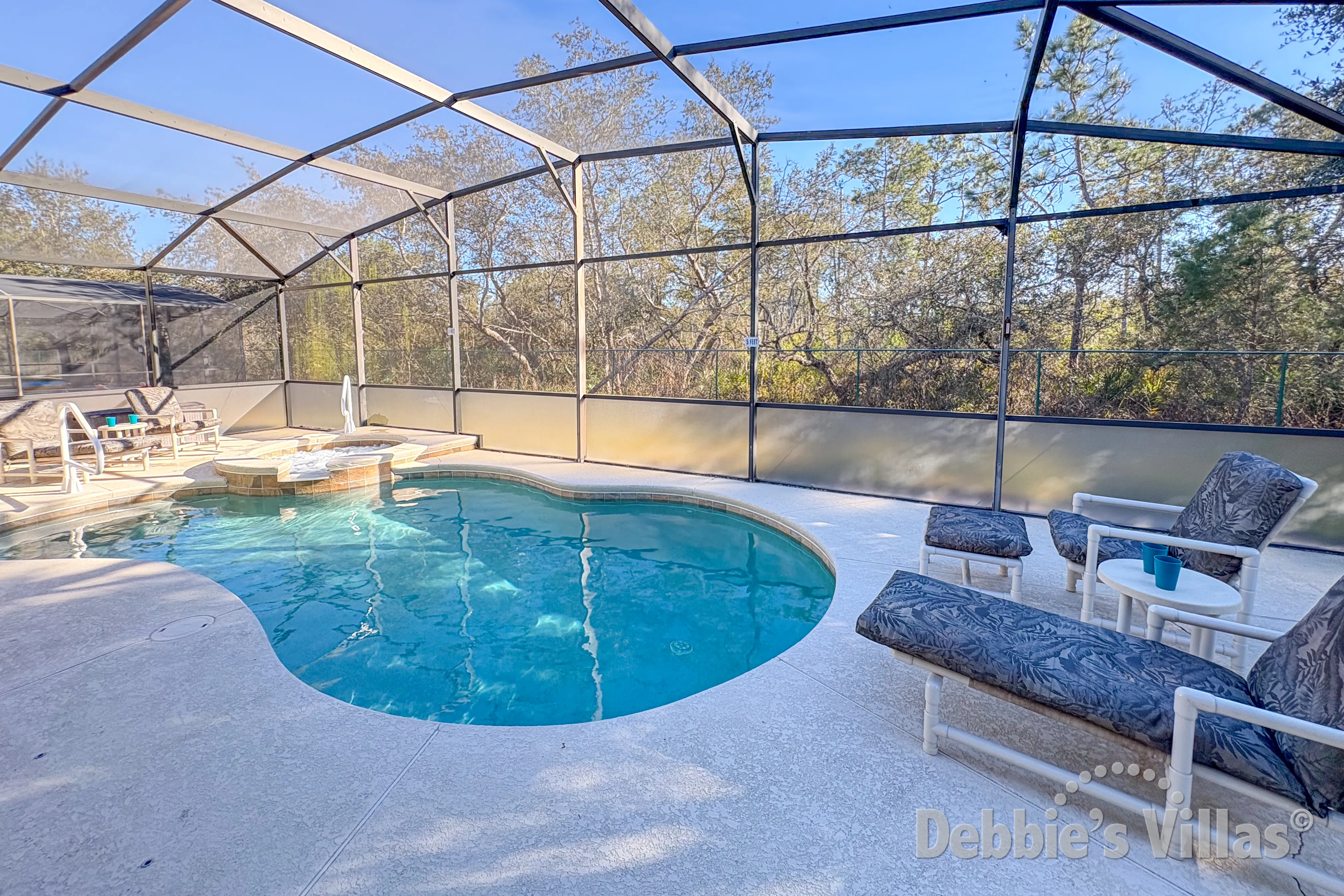 South-facing pool and spa at this vacation villa on Calabria at Westside in Kissimmee 