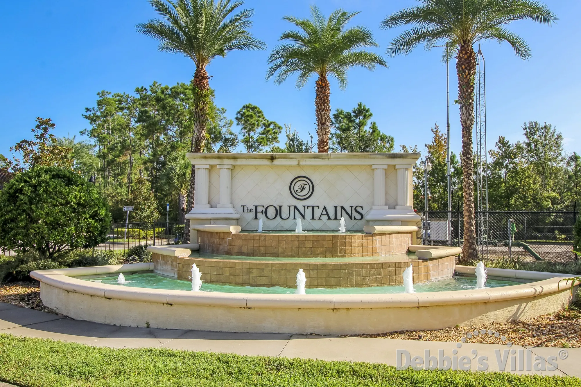 Entrance to The Fountains, a gated community close to Disney, within walking distance of restaurants