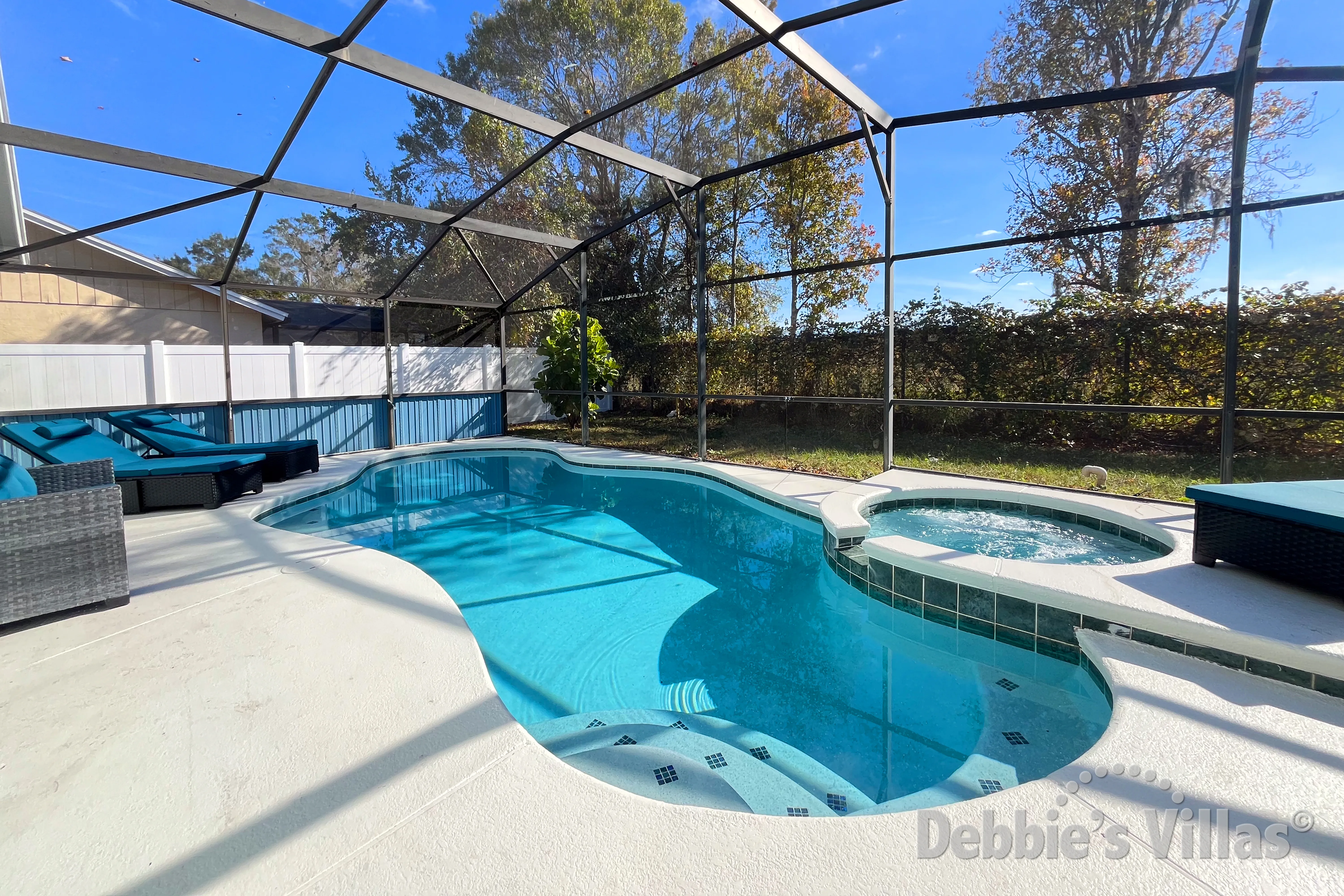South-facing pool and spa at this vacation villa on Indian Point in Kissimmee